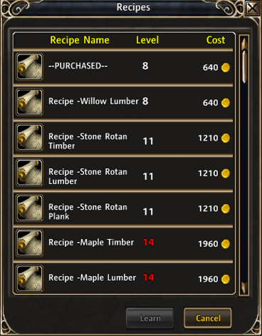 <p>When you buy a recipe, the dialog can stay up and the text of the item you bought will be replaced by "--PURCHASED--"
</p>