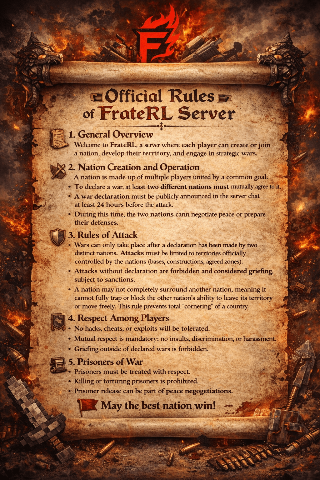 THE OFFICIAL RULES of FrateRL Server (1.1.4)
IP Address : 199.115.73.185:9060