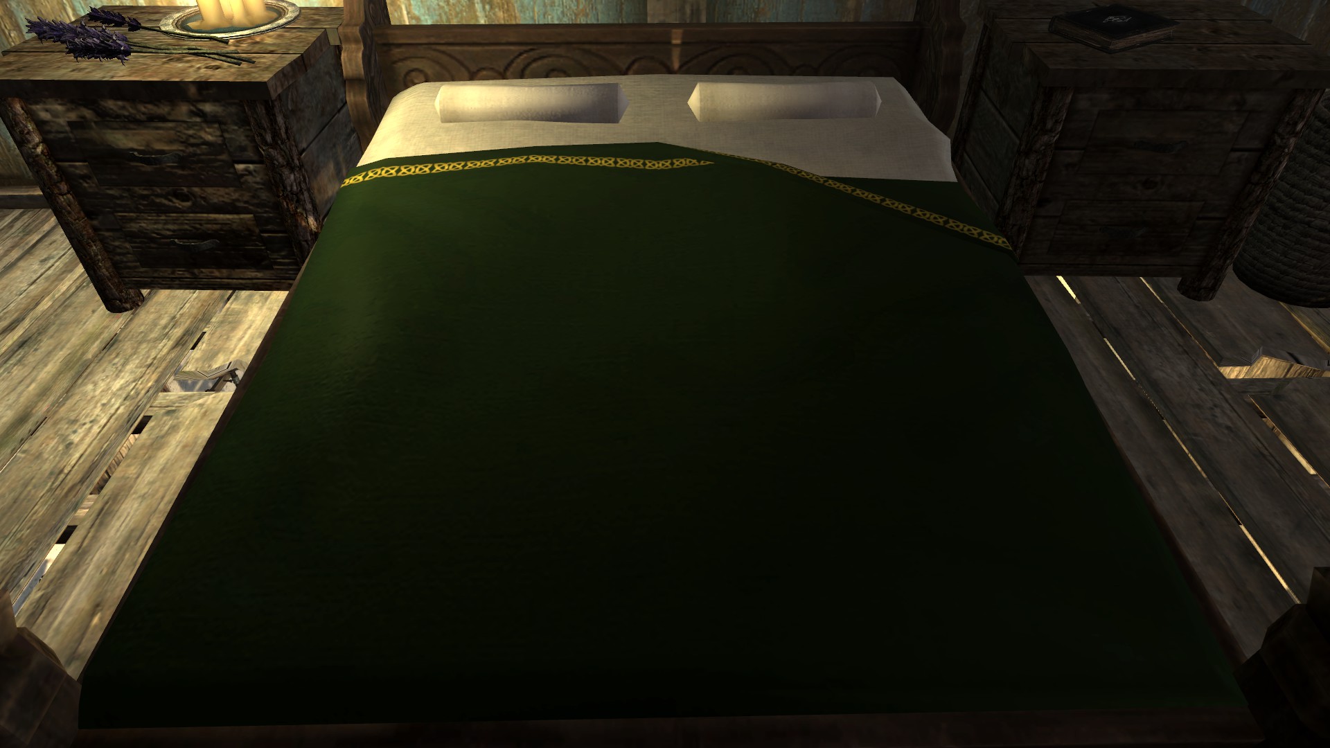 <p>Green and gold noble bed.</p>