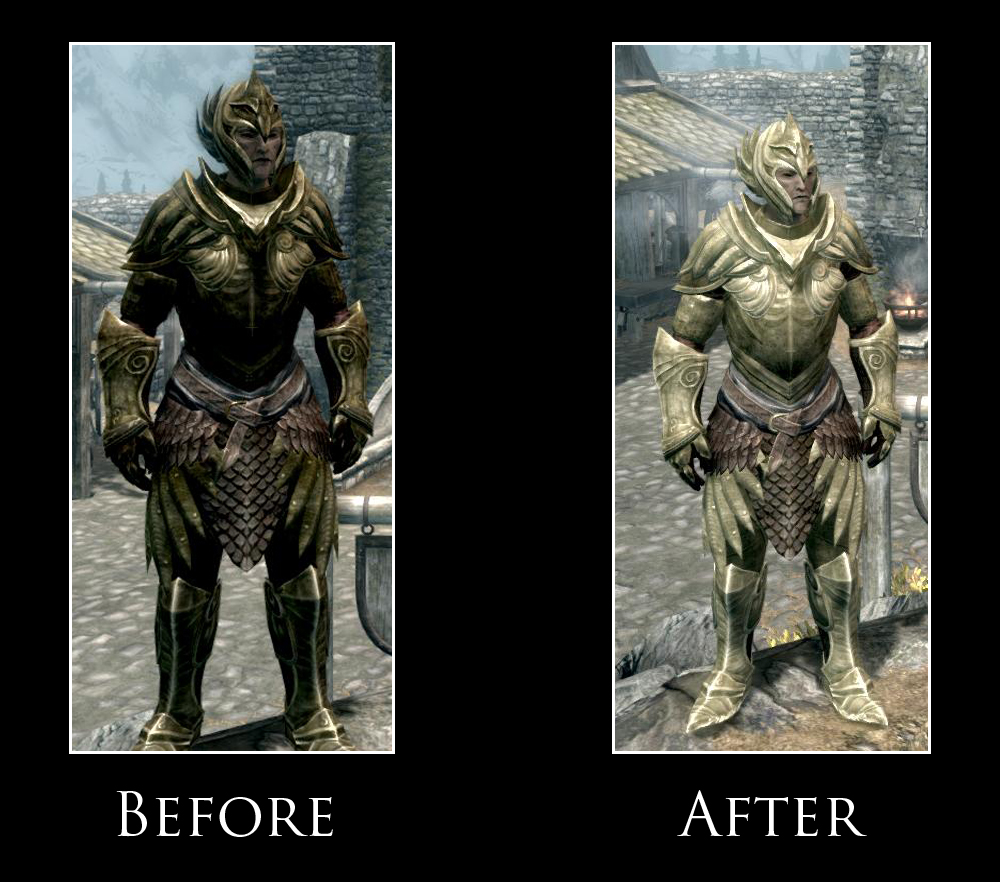 <p>Before and After of the male elven armor. </p>