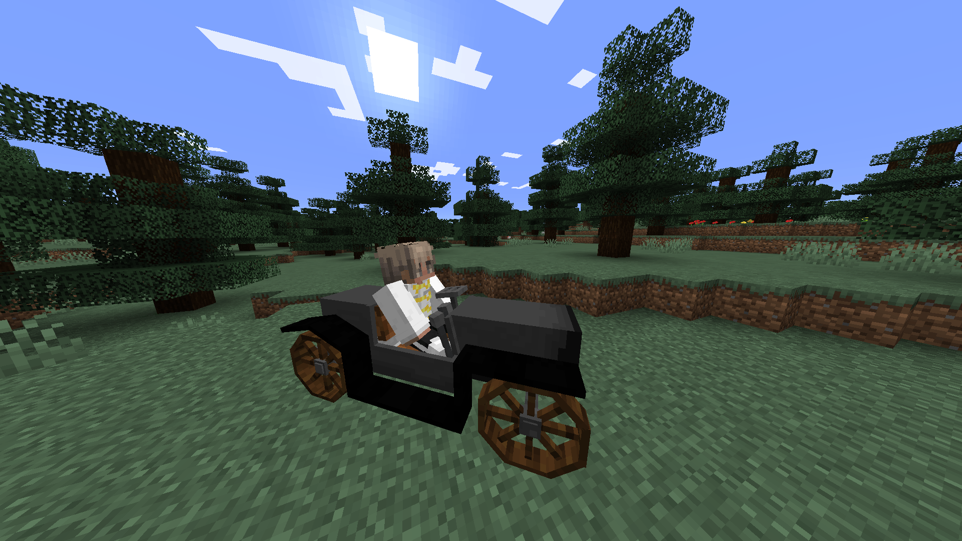 Player dressed up and driving a car.