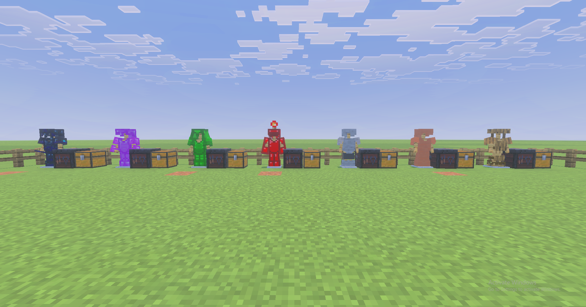Armor stands wearing every armor set currently added to the addon.