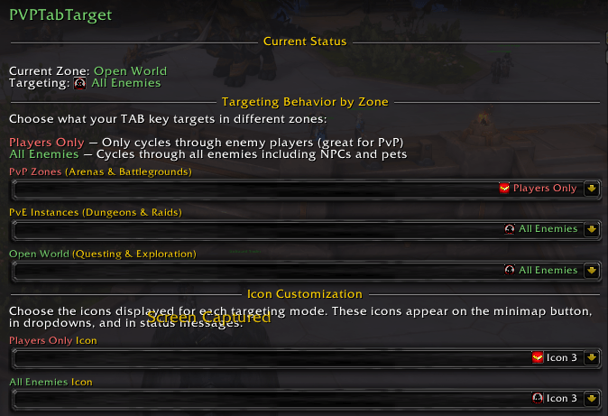 Set the TabTarget addon behavior based on zones (By default the Tab only target players ennemies inside the Arena and then switch back to all ennemies in PVE or Open World)