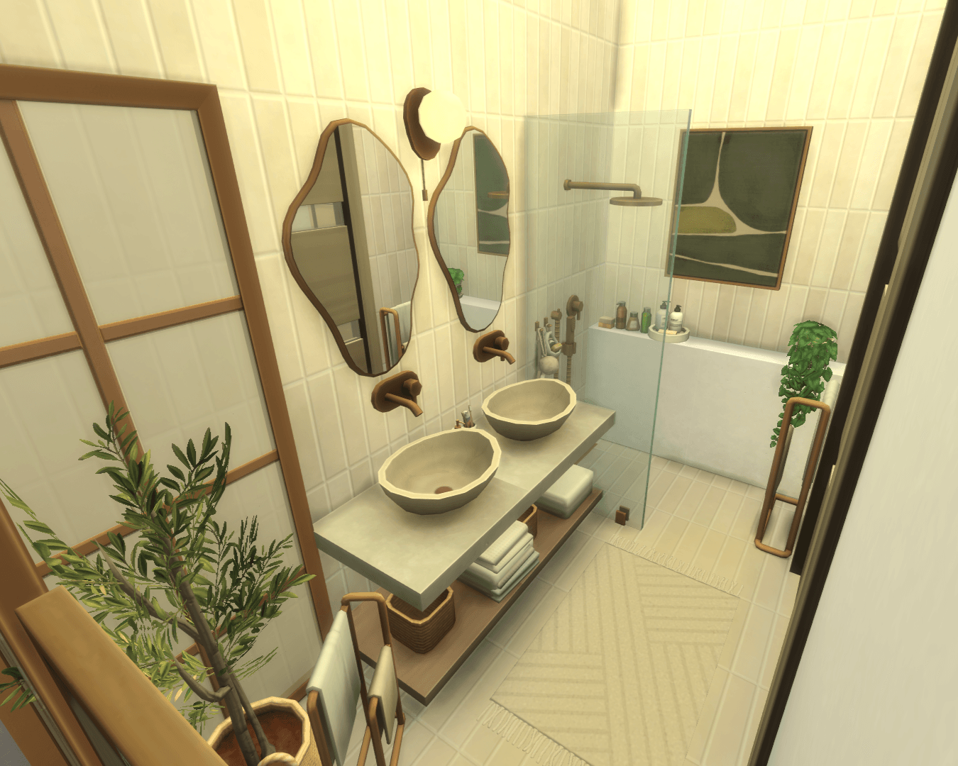 Overview of bathroom, walk-in shower, with glass panel, stone shelving w/bathroom products & a towel rack!