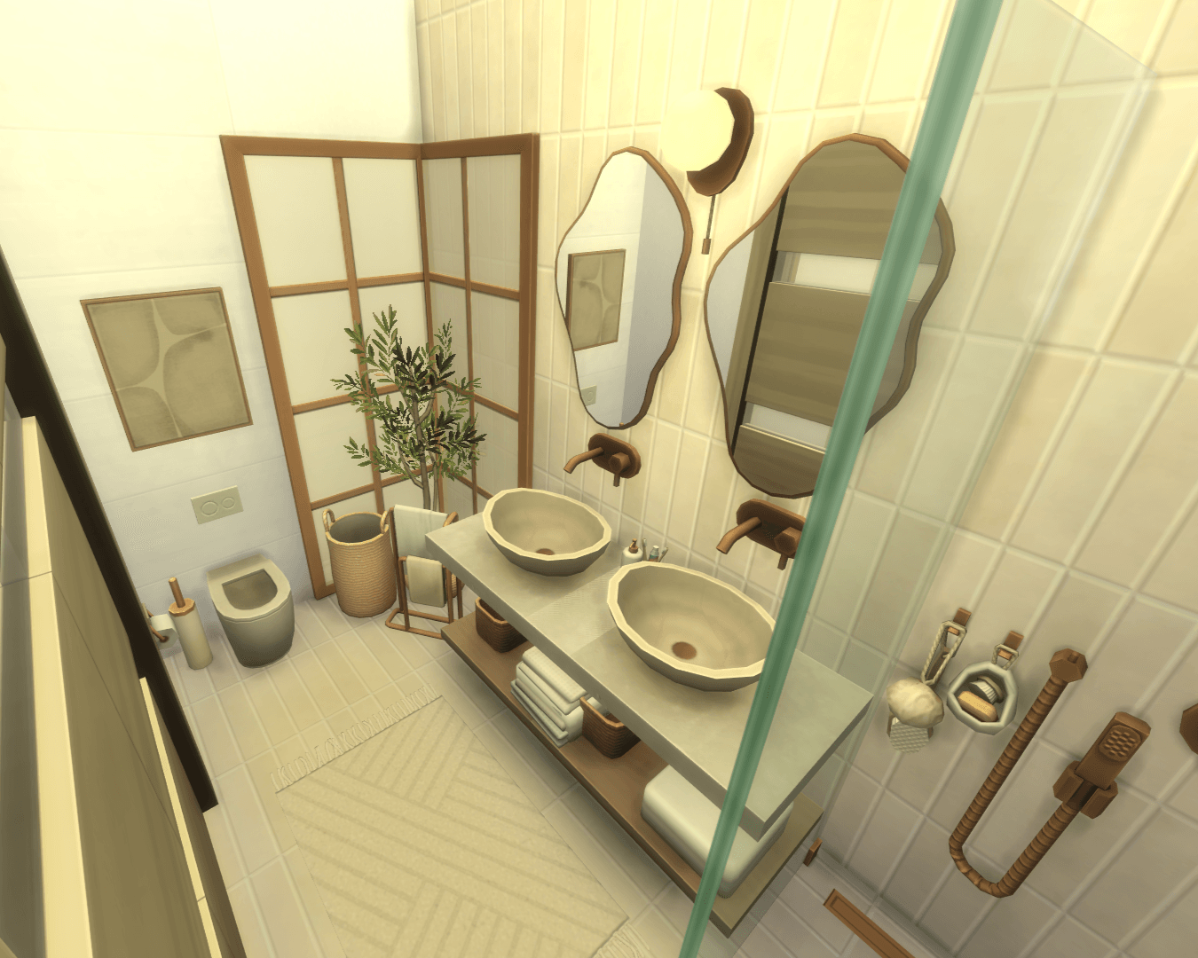Overview, w/ toilet , double sink-mirror vanity with light above, soap and toothbrush tray on top & towels underneath