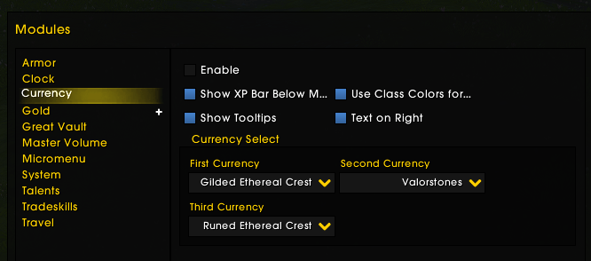 Currency module (Character currency up to 3 tracked, XP Bar below max lvl, ...)