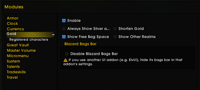 Gold module (Golds around all your characters of your account, clicking on golds open your bags, ...)