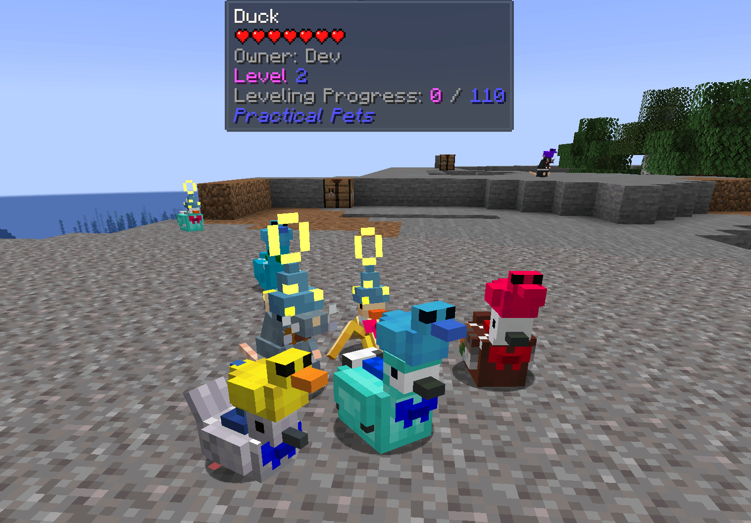 level 2 duck with equipment and other pets around it