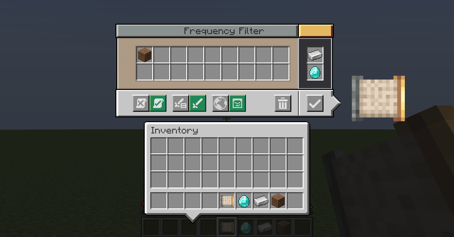 The frequency filter screen after setting the frequency (Iron + Diamond) and the settings (dirt).