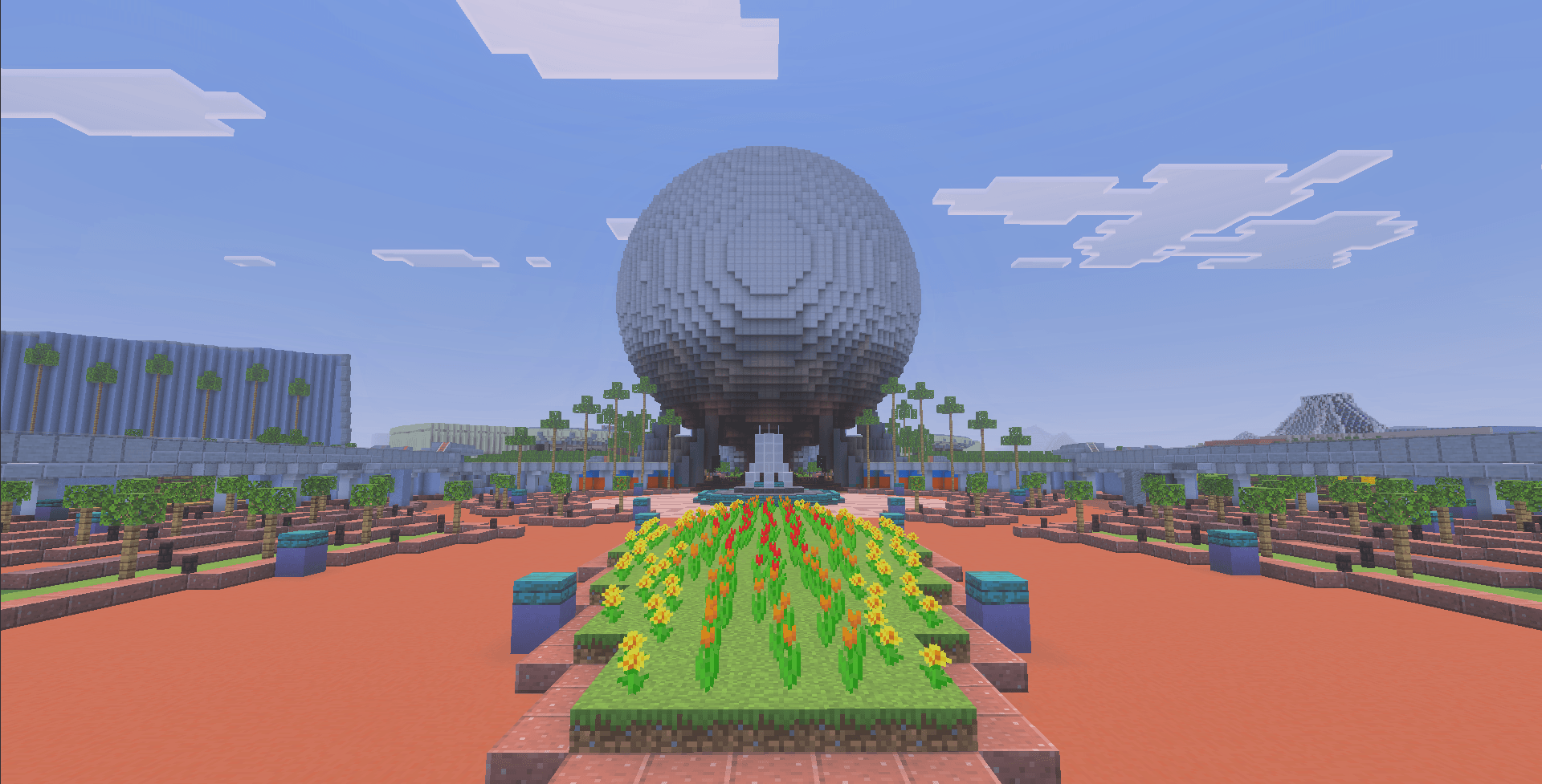 The entrance plaza is dominated by Spaceship Earth, the park's icon, and the famous lucite fountain. Inside the massive suspended geosphere, guests will learn about the history and future of communications.