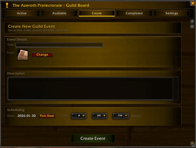 This is the screen where someone with permissions can go and create an event. There is a title, icon, description, and scheduling for the date/time. You will want to make sure everything is filled in before clicking "Create Event".
