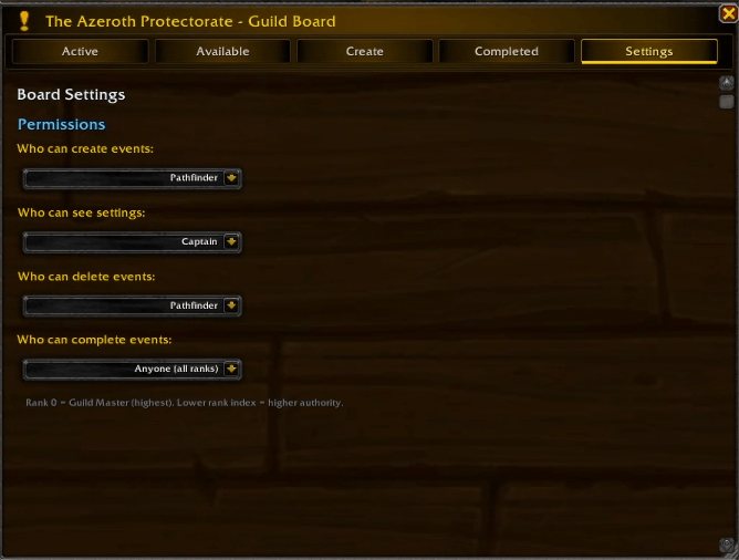 This is the settings panel, for the officers and higher to control the permissions for creating events, seeing settings, deleting events, and completing events.