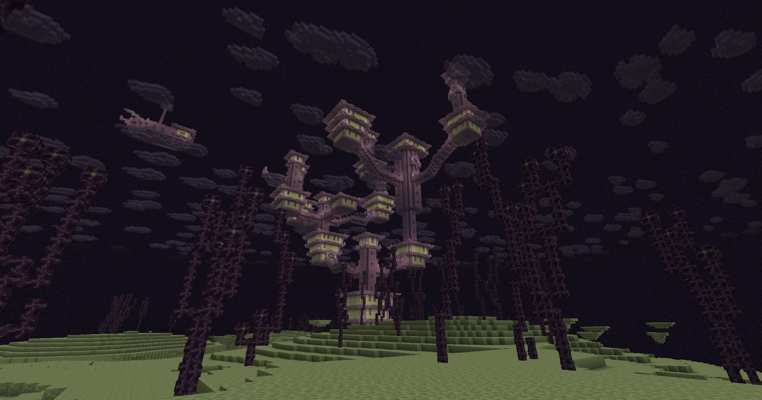 Purple clouds are found at a y128 level in the end, endlessly stretching through the void!