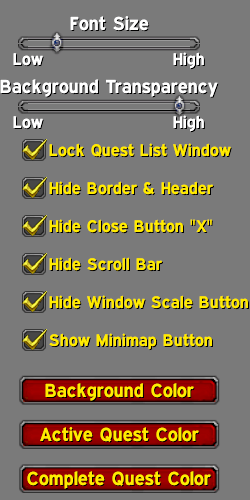 Options Menu offers adjustable font sizes, adjustable list transparency, checkboxes to lock quest list, hide/show list features, hide minimap button, adjustable background colors, adjustable character name colors for complete/incomplete quest status.