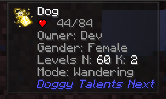 Doggy Talents Next integration with gender, dog levels (non talents) and mode