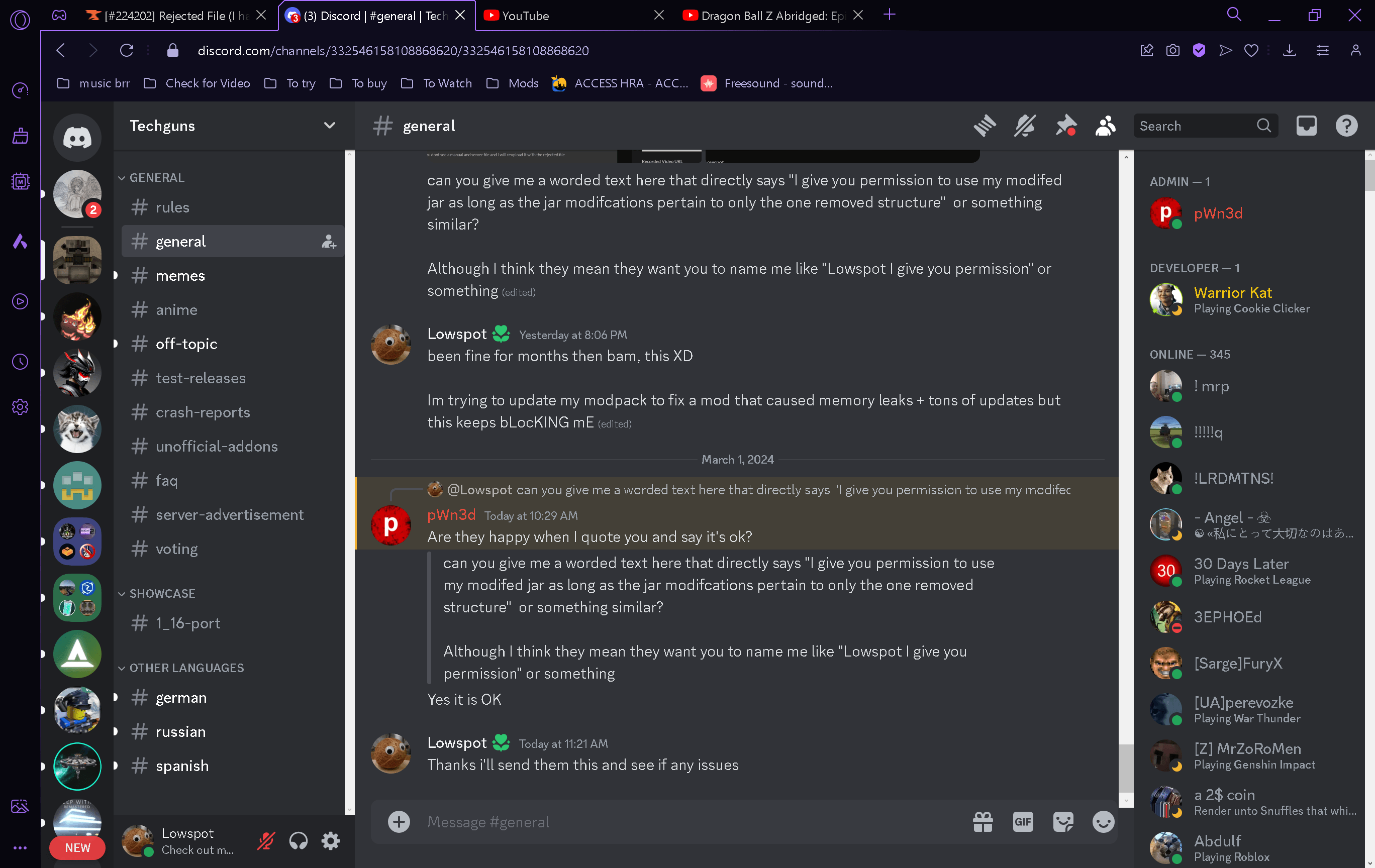 Thumbnail Curseforge stop denying every damn file I upload making me have to open a ticket, look here is proof techgun dev is okay with my modification