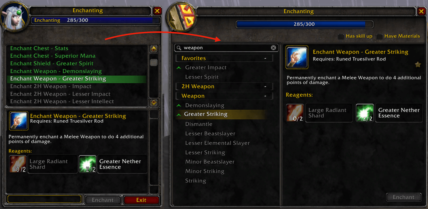 Thumbnail Each profession receives special support based on its needs, for example, better enchanting names and categories. Above is shown with the alternative "Efficiency Icons" option.