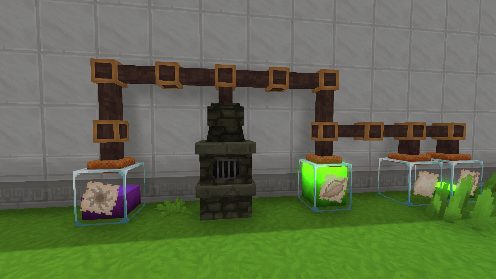 Fornace alchemica collegata a barattoli di essenza tramite tubi di essenza