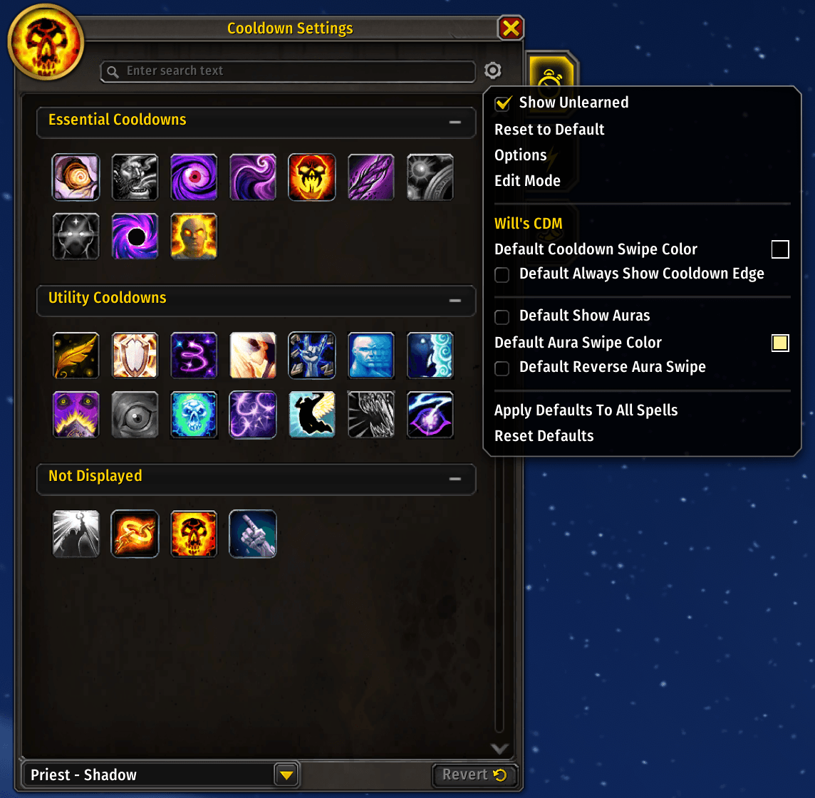 Clicking the settings cog in the top of the Cooldown Settings panel