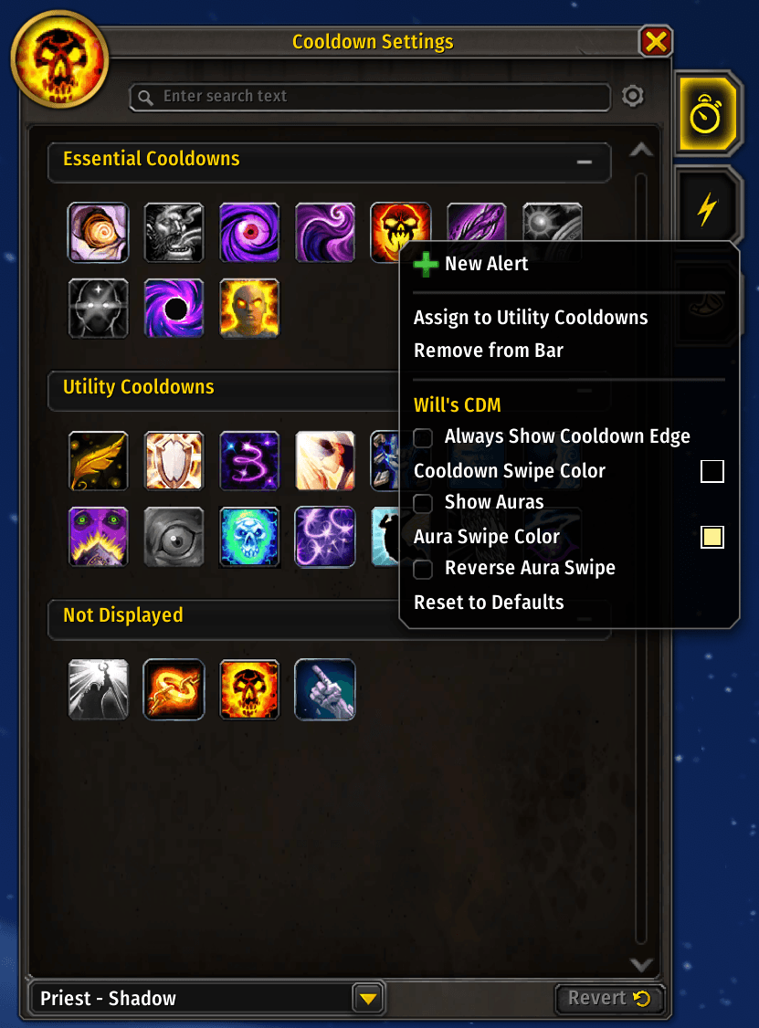 Right-clicking a spell in the Cooldown Settings panel