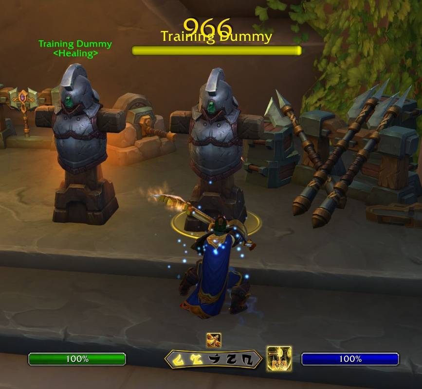 An example of glowing icons for abilities shown while in combat and after casting the ability tied to the left most icon from the previous screenshot. (Also pictured: KBOCD Resource Bars)