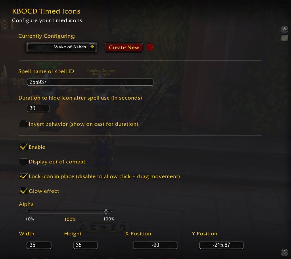 A view of the options pane with a spell ID entered (found within the games Options > Addon tab)