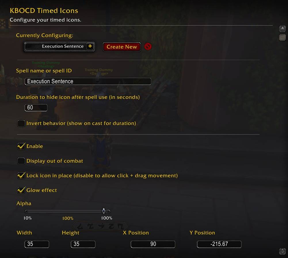 A view of the options pane with a spell name entered (found within the games Options > Addon tab)