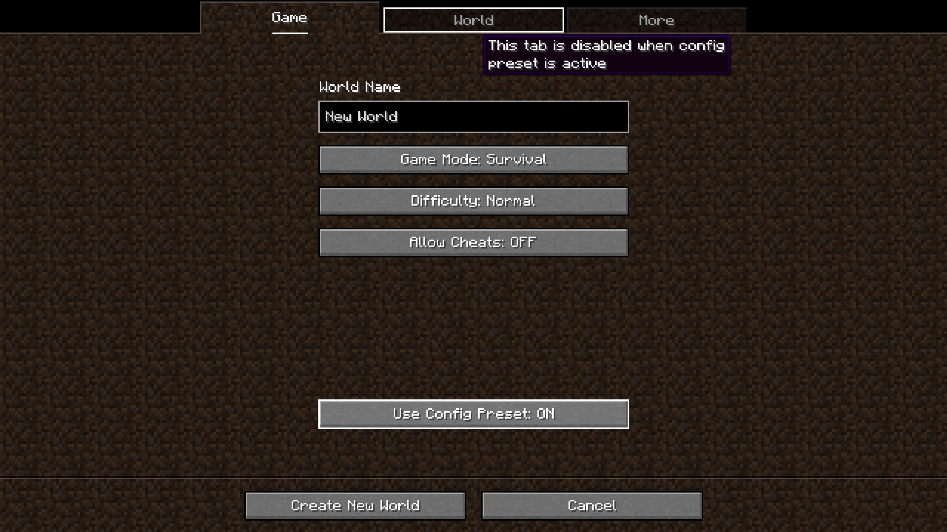 world creation menu