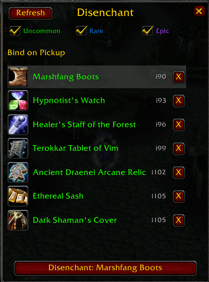 Easily disenchant items. At a glance see what you have in your bag to disenchant. Filter by rarity, permanently ignore, get a breakdown of the likely materials you will gain, and disenchant in safety.