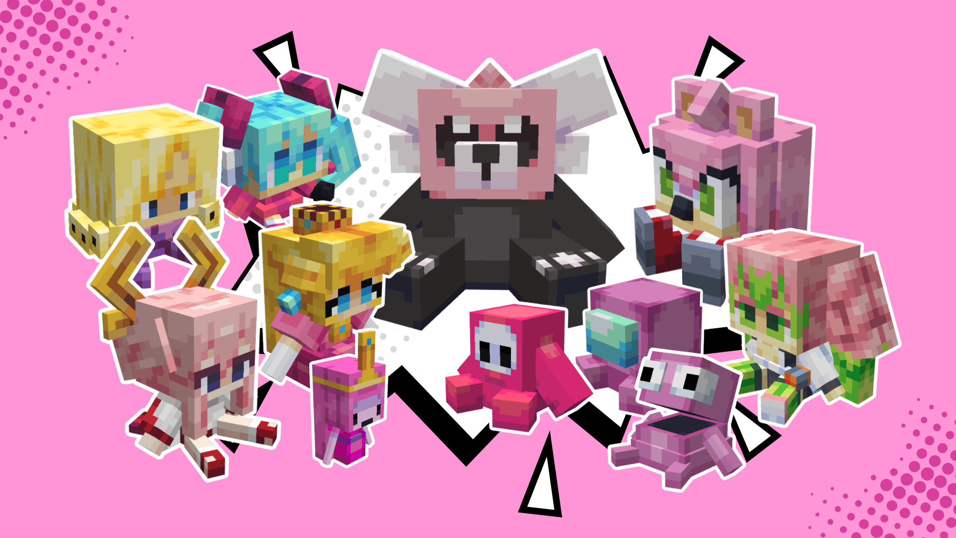 Saint Valentine's Miku, Funny Valentine, Yae Miko, Princess Peach, Princess Bubblegum, Bewear, Pink Fall Guy, Pink R.E.P.O. Robot, Pink Crewmate, Mitsuri Kanroji and Amy Rose, all pink and lovely <3