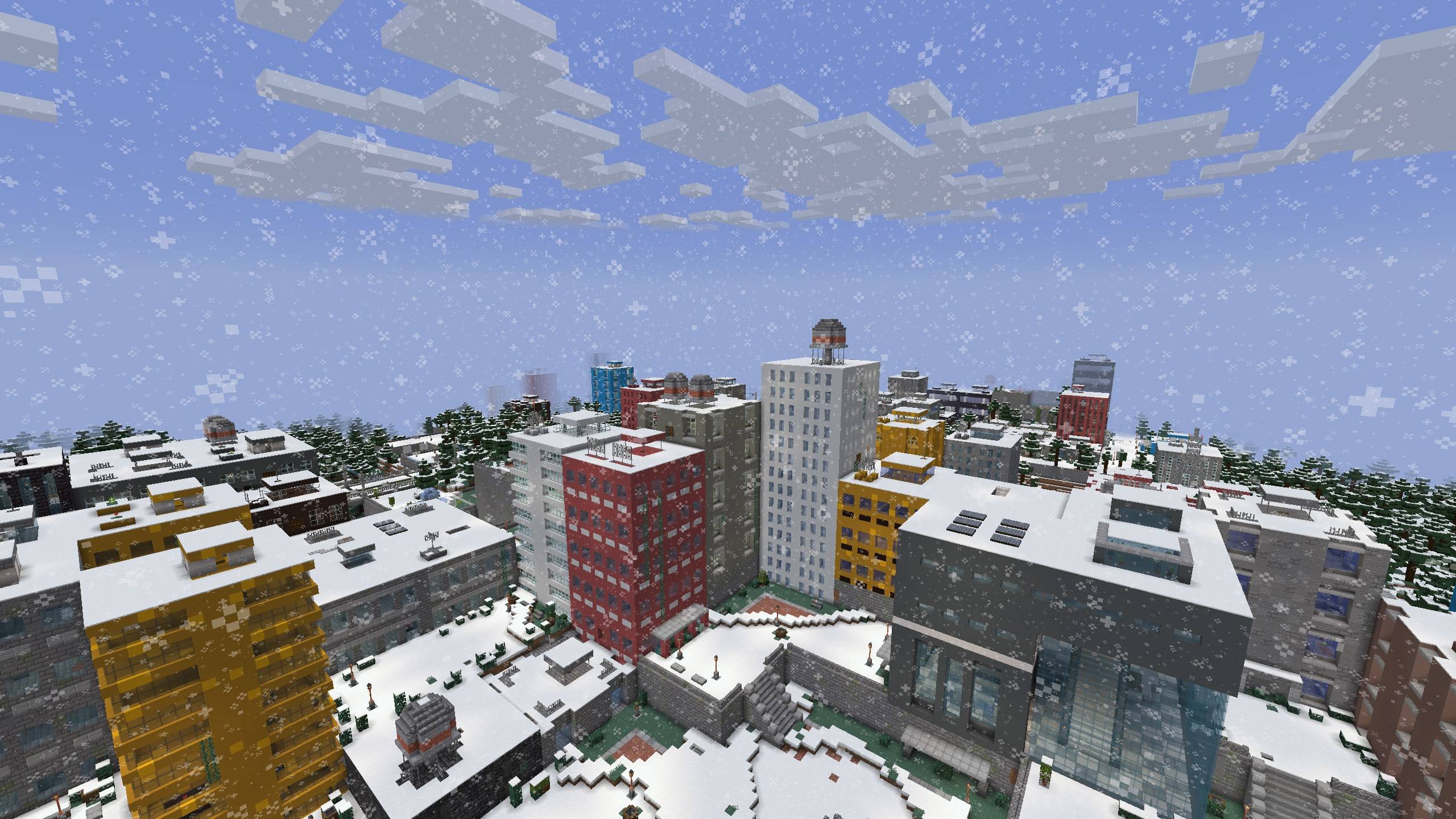 A snowy city with new building designs and block palettes.