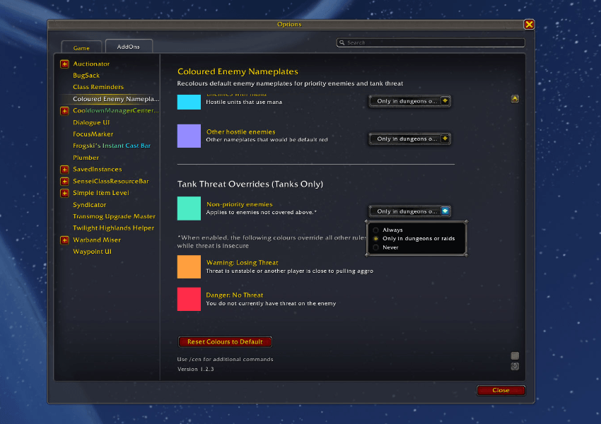 Thumbnail Choose when recolours are applied: Always, Only in Dungeons/Raids or Never.