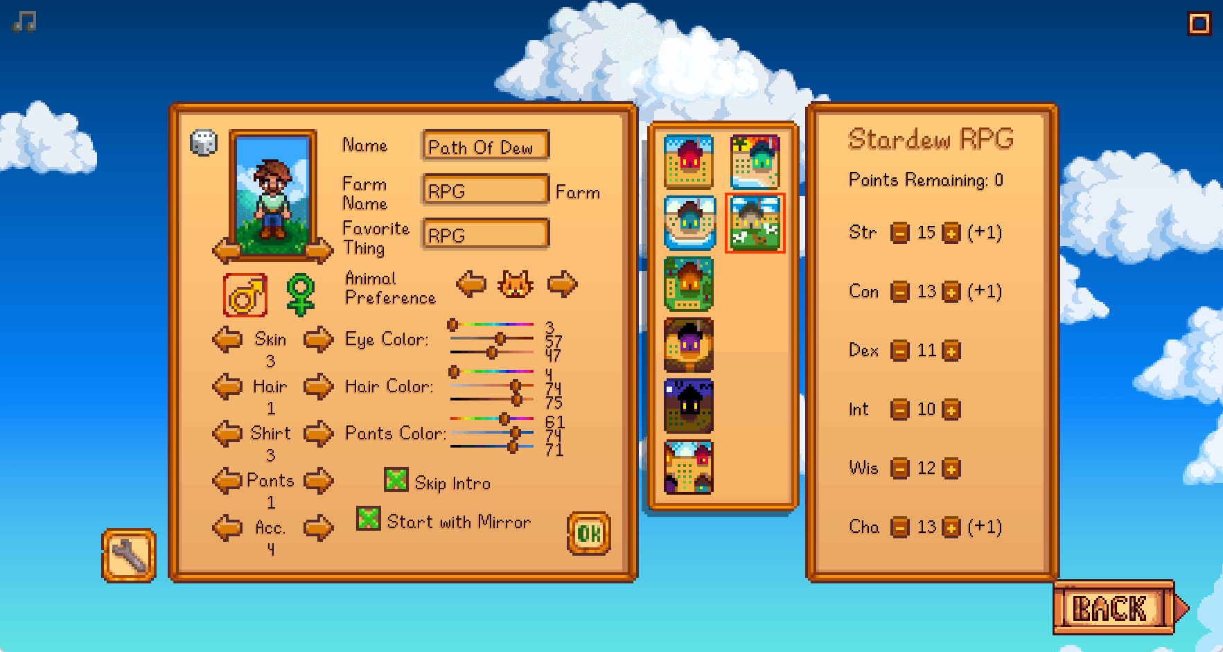 Starting Stats Menu