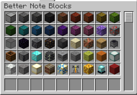 Creative inventory tab showing some of the possible blocks you can use! (Tooltips included).