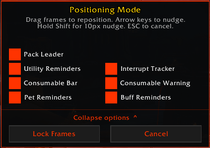 Expanded unlock window with toggles to hide/show modules for easier placement.