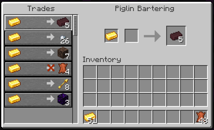 Exchange gold directly through a custom GUI. It shows your available items, locked trades when a Piglin is out of stock, and supports quick shift-clicking! 💎