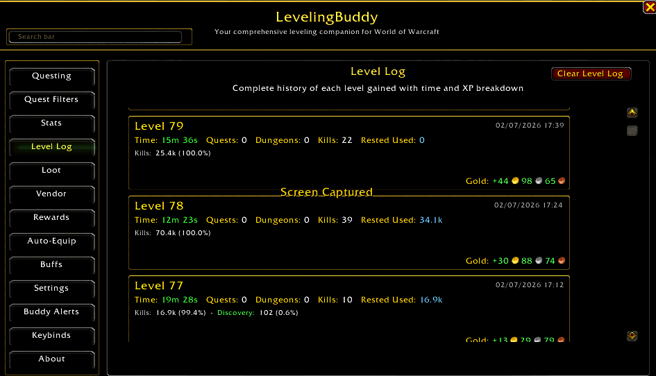 This is a breakdown of the Leveling Log tab.