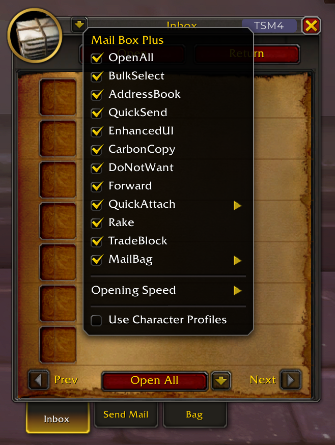 Thumbnail Access settings through the dropdown arrow at the top-left of your mailbox. Toggle modules on and off, adjust opening speed, and enable per-character profiles.