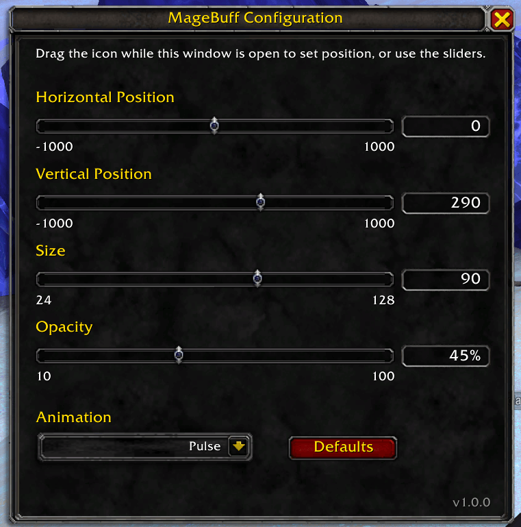 Configuration panel includes screen position, icon size and opacity and whether or not icon is animated.