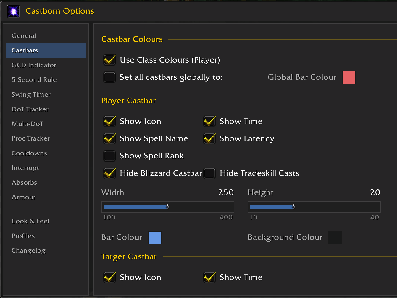 Thumbnail Change Castbar options globally or individually to suit your style.