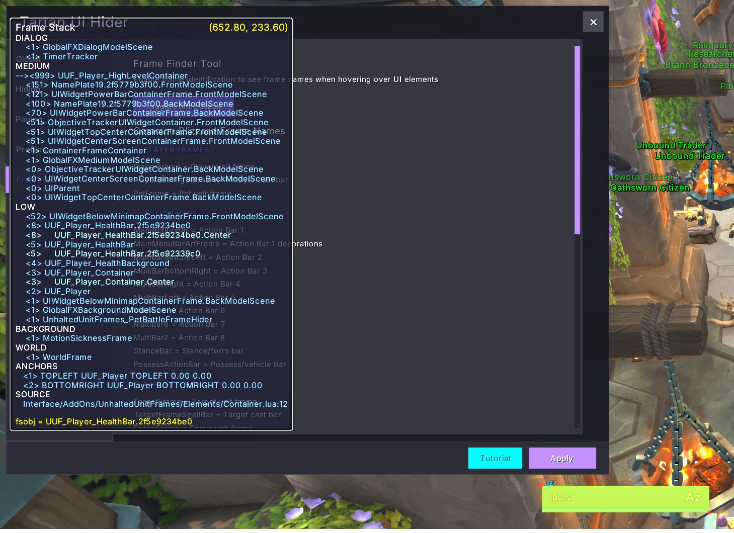 Thumbnail Popup example when toggling frame stack. I've got the mouse over the player frame and I'm using Unhalted Unit Frames; you can see that the parent frame is called UUF_Player. Addons use different frame names so there's a bit of guesswork potentially