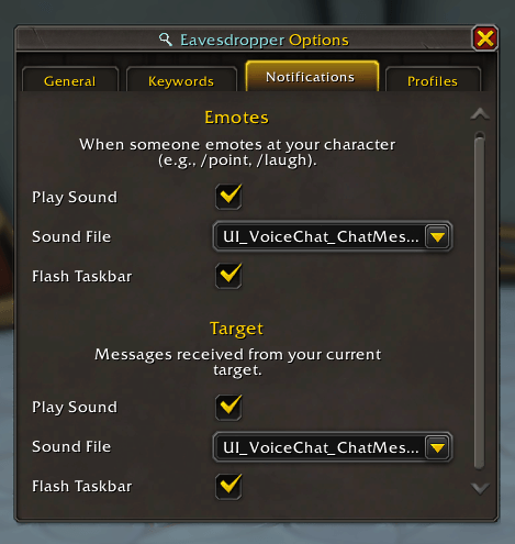 Thumbnail Front and center we see the Notifications panel, where the user can choose to enable sound notifications and taskbar flashing when someone directs at Blizzard emote at you, or when a message is received from your current target.