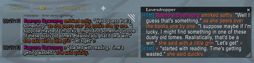 Thumbnail On the left hand we have the chatbox showing a multi-message.
On the right hand we have the Eavesdropper history window that realizes it is the same emote and only shows the name once per emote!