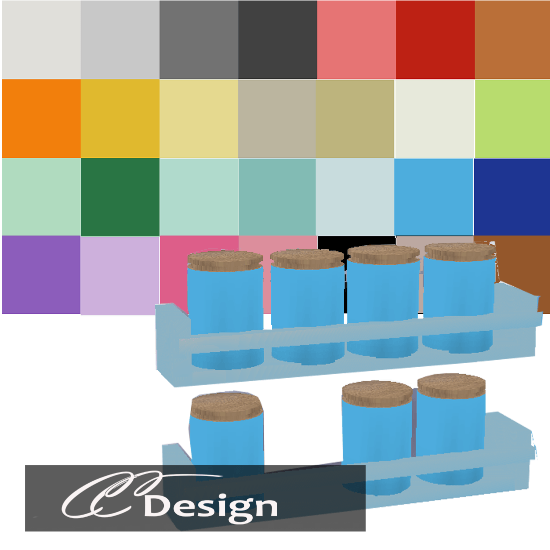 A nice shelf with several cans. Available in 26 colors. - Compatible with the base game