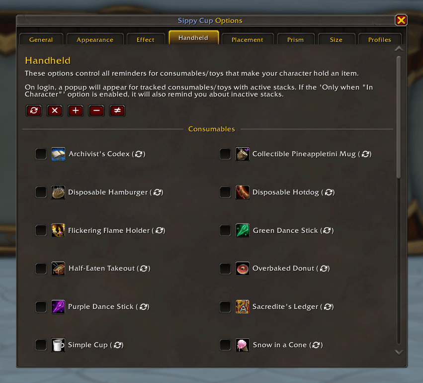 Thumbnail The handheld consumables tab of the World of Warcraft addon, Sippy Cup.