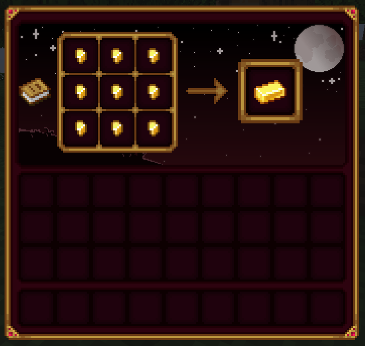 Thumbnail The GUI for the crafting table, featuring a simplistic pixel art background.