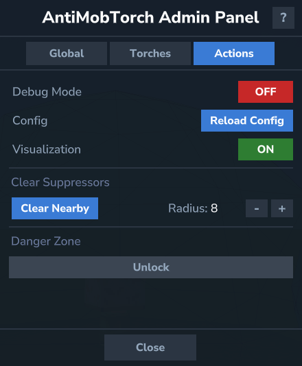 Thumbnail Debug toggle, reload config, visualization toggle, clear nearby/all suppressors, reset to defaults