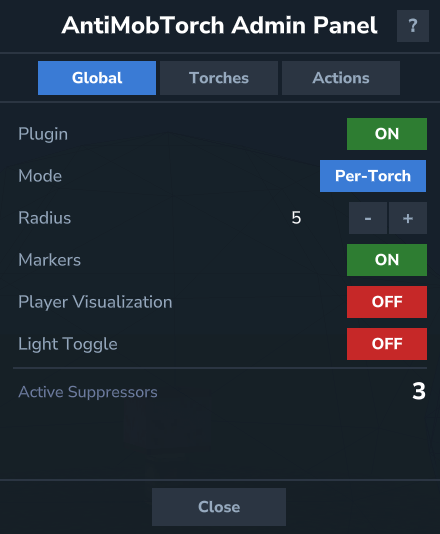Thumbnail Toggle plugin on/off, switch between global and per-torch mode, adjust radius and marker suppression, view active suppressor count