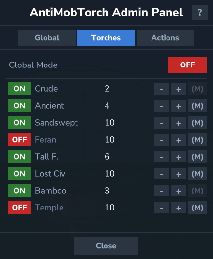 Thumbnail Per-torch enable/disable, individual radius and marker controls for each torch type