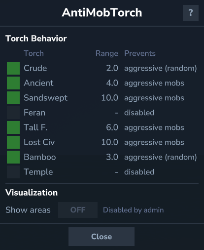 Thumbnail Per-torch status table showing which torch types are active, their radius, and marker suppression setting